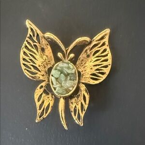 Gold Butterfly Brooch with Green Stone